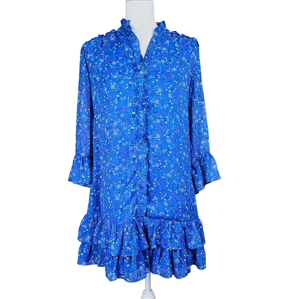CeCe Shift Dress Womens 2 Blue Floral Ruffle Tiered Sheer Cottage Peasant Casual